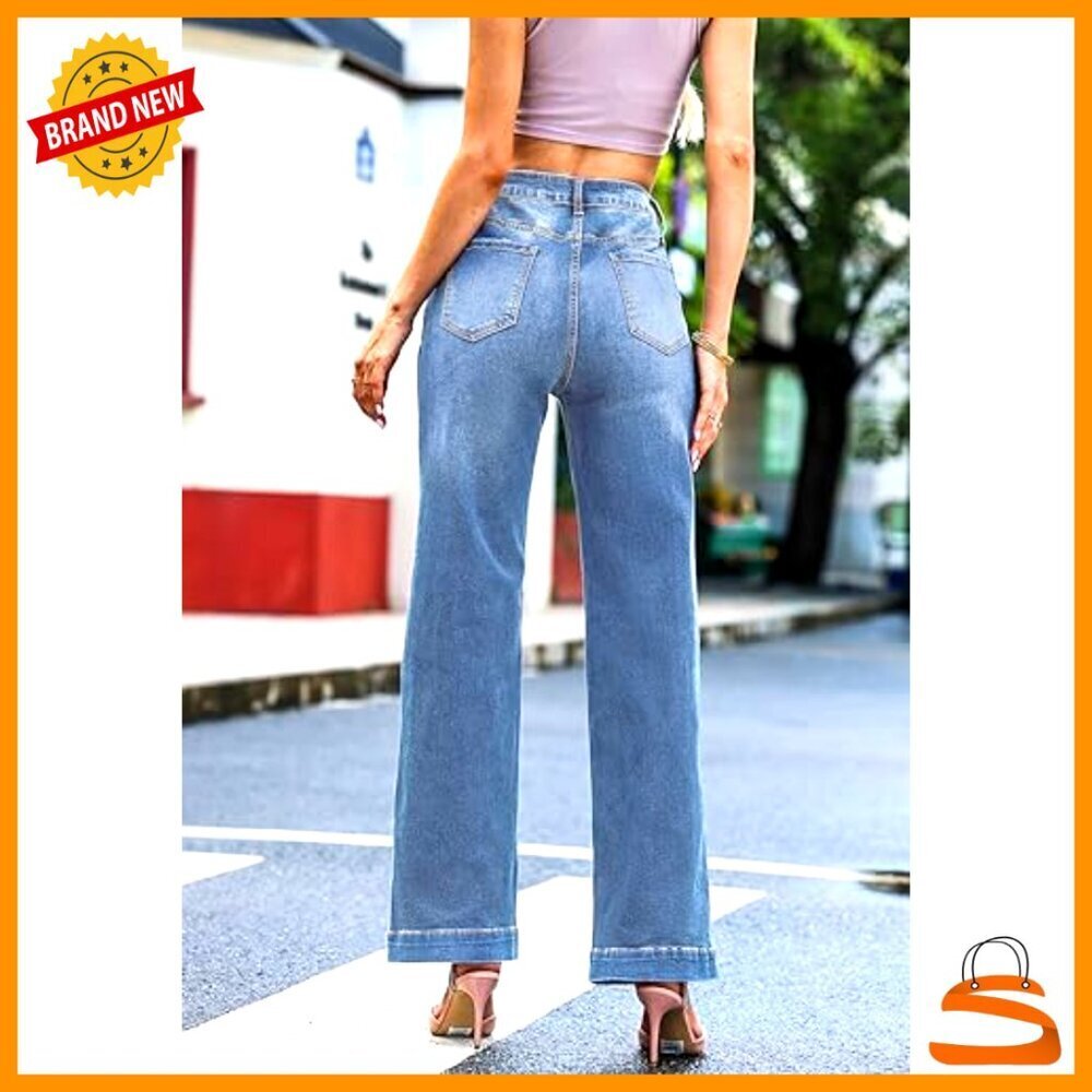 Mid-Rise Wide Leg Distressed Jeans Stretchy Denim Pants Casual Trendy - Picture 5 of 7